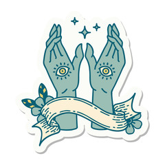 tattoo sticker with banner of mystic hands