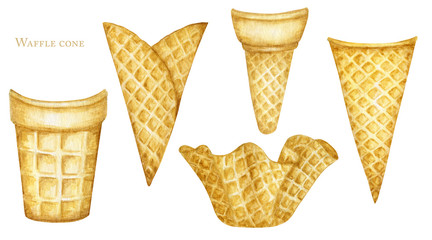 Empty ice cream cones set on white background. Realistic Watercolor illustration Ice-cream cone tasty isolated on white background.