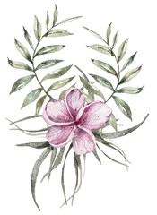 Watercolor composition with tropical leaves and flowers on white background. Can be used for your project, greeting cards, wedding invitations, textile, fabric, poster, print, pattern.