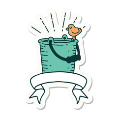 sticker of tattoo style bird perched on bucket of water