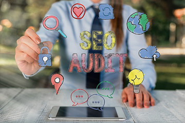 Text sign showing Seo Audit. Business photo text Search Engine Optimization validating and...