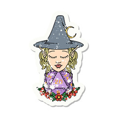 elf mage character with natural twenty dice roll grunge sticker