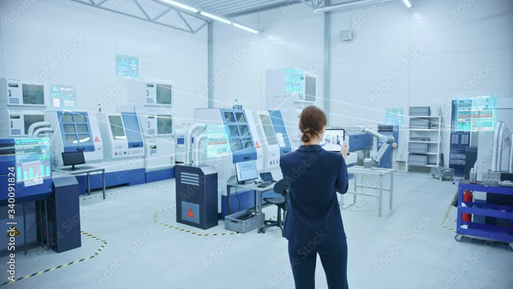 Poster Industry 4.0 Factory: Female Engineer Uses Digital Tablet Computer with AR Software to Connect with High-Tech CNC Machinery, Robot Arm and Visualize Maintenance and Diagnostics of the Equipment