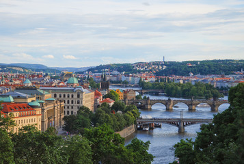 Fototapeta na wymiar Prague, Czech Republic, 28th June 2017: Three bridges in Prague seen from view point 