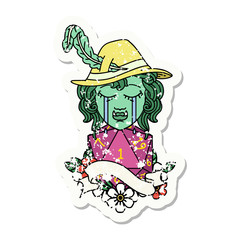 crying orc bard character with natural one D20 roll grunge sticker