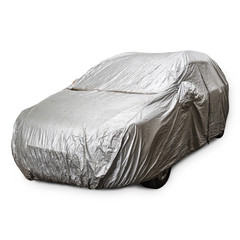 Parked car with protective gray rain cover on a white backgraund