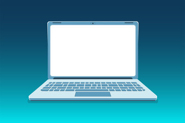 Open laptop mockup front view on modern blue background. Technology Vector illustration frameless with blank screen. Copy space monitor. Light clear frame design. Computer technology template