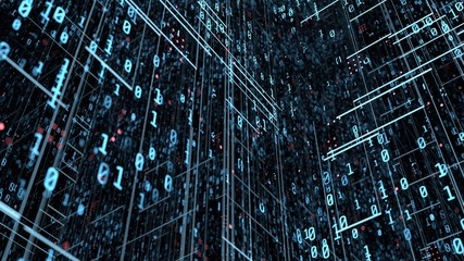 3D Rendering of blur binary data with dots and lines. Depth of field effect applied. Concept for big data, deep machine learning, artificial intelligence, business technology background