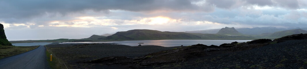 Panorama, road and sunset in Iceland