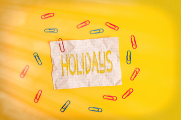 Handwriting text Holidays. Conceptual photo an extended period of leisure and recreation spent away...