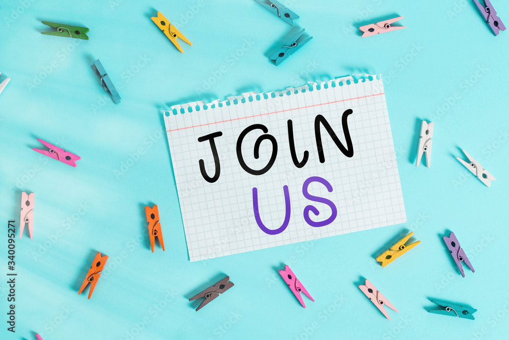 Poster writing note showing join us. business concept for register in community team or blog sign up at soc