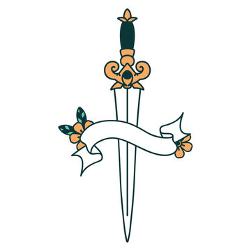 tattoo with banner of dagger