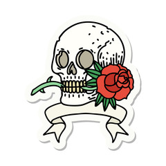 tattoo sticker with banner of a skull and rose