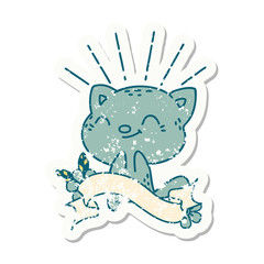 grunge sticker of tattoo style happy cat