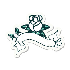 grunge sticker with banner of a single rose