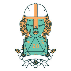 half orc fighter with natural twenty dice roll illustration