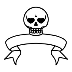 black linework tattoo with banner of a skull