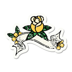 grunge sticker with banner of a single rose