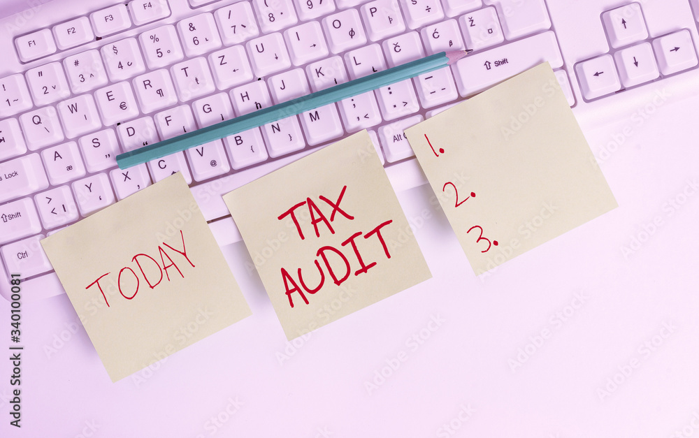 Aufkleber text sign showing tax audit. business photo showcasing examination or verification of a business or 