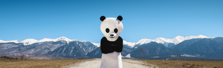 A man in a panda suit is waiting on an empty road against a background of mountains. Bulgaria,...