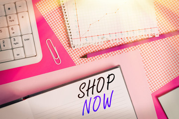 Conceptual hand writing showing Shop Now. Concept meaning the action or activity of purchasing...