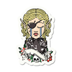 sad elf rogue character face with natural one d20 roll grunge sticker