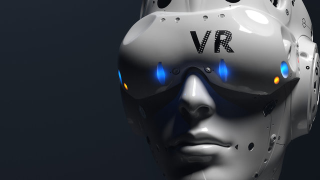 Robot face with VR glasses. illustration on the theme of vr entertainment, online games