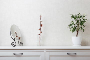 A close up of a white dresser, table mirror, ficus plant and a cotton branch