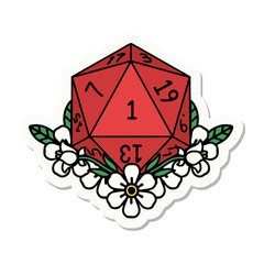 natural one dice roll with floral elements sticker