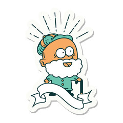 sticker of tattoo style happy old man with walking stick