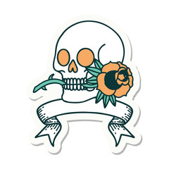 tattoo sticker with banner of a skull and rose