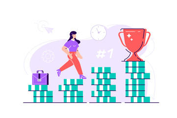 Business woman is climbing stairs from stacks