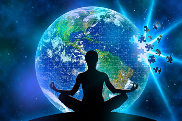 Female yoga figure against a space background and a planet Earth made of jigsaw puzzle during disintegration becouse of explosion. Elements of this image furnished by NASA. - obrazy, fototapety, plakaty