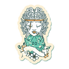 elf barbarian character face with natural twenty dice roll illustration