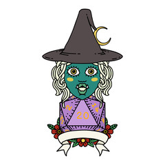 half orc witch character with natural 20 dice roll illustration