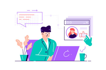 Smiling man sitting at computer 