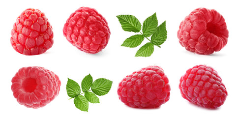 Set of fresh sweet raspberries and green leaves on white background. Banner design