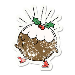 grunge sticker of tattoo style christmas pudding character walking