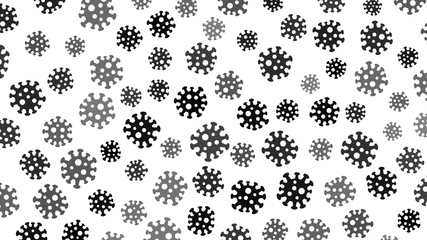 Background with symbols of virus, black on white. Illustration on the coronavirus pandemic.