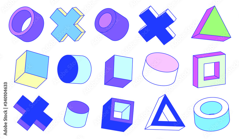 Poster set of simple geometic 3d elements in bauhaus neo-memphis retro style, colored in punchy pastel colo