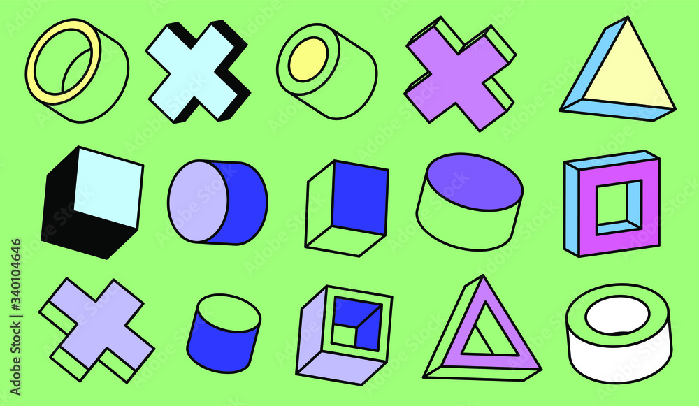Poster set of simple geometic 3d elements in bauhaus neo-memphis retro style, colored in punchy pastel colo