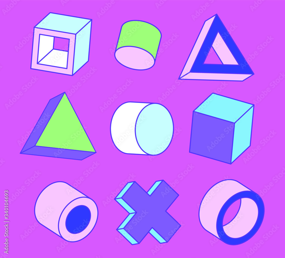 Poster set of simple geometic 3d elements in bauhaus neo-memphis retro style, colored in punchy pastel colo