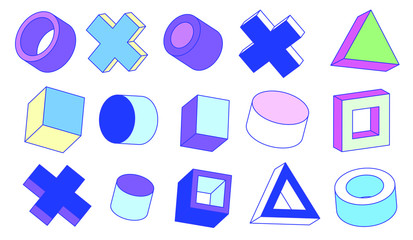 Set of simple geometic 3D elements in bauhaus neo-memphis retro style, colored in punchy pastel color scheme. Abstract geometric background for poster, cover, print.