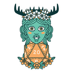 half orc druid with natural twenty dice roll illustration