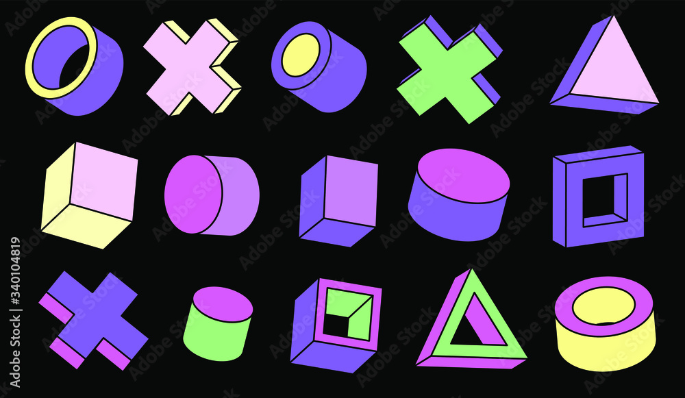 Poster set of simple geometic 3d elements in bauhaus neo-memphis retro style, colored in punchy pastel colo