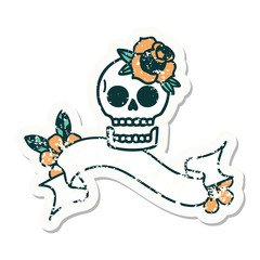 grunge sticker with banner of a skull and rose