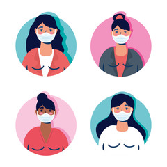 group of women using face masks characters