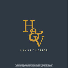 Initial letter H & V HV luxury art vector mark logo, gold color on black background.