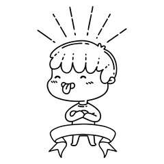 banner with black line work tattoo style boy sticking out tongue