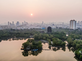 Aerial view of Chaoran Pagoda of Daming Lake Park in Jinan. This is a quite new building. 